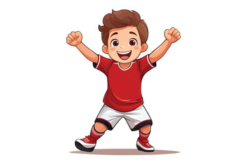 A young boy in red and white football attire celebrating with both arms raised, vibrant vector style (1)