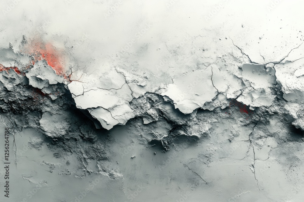 Poster an abstract image featuring cracked and peeling textures, showcasing a blend of gray and orange hues