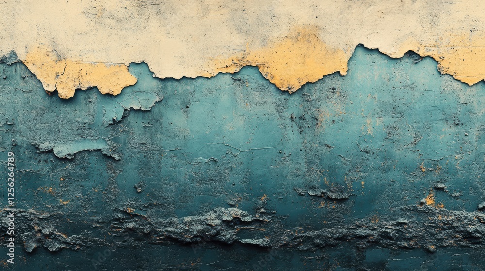 Poster an abstract image of a weathered wall showing peeling paint in shades of blue and beige, evoking a s