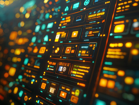 Closeup of a futuristic digital interface with glowing orange and teal elements. Perfect for tech, science fiction, or data visualization projects.