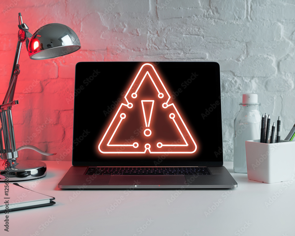 Poster A detailed image of a laptop with a warning alert symbol on the screen, surrounded by a desk lamp and office supplies, representing online threat, cybersecurity, and digital safety.