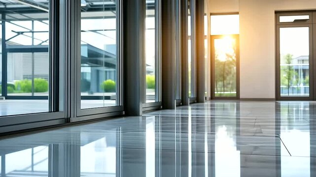 Stylish aluminum window frames showcased in a brightly lit showroom, their sleek metallic finish and modern design standing out against a neutral background.