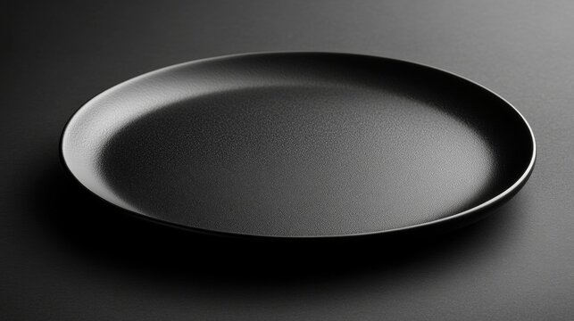 Black empty plate on dark textured background with soft lighting and minimalistic design