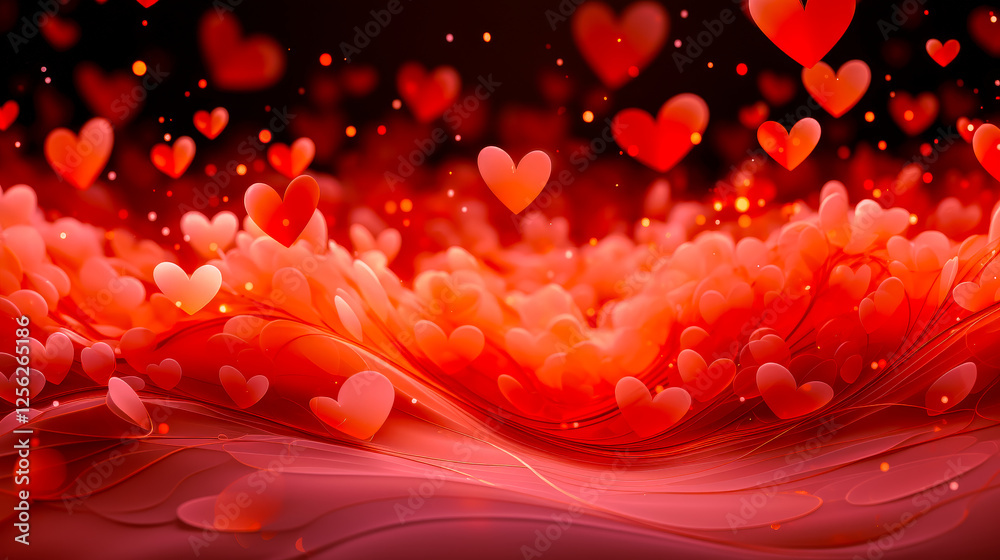 Poster colorful heart shapes floating above a vibrant red background create a romantic atmosphere for celeb