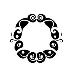 Black and white floral wreath-like design with a clean minimalist style and symmetrical composition.