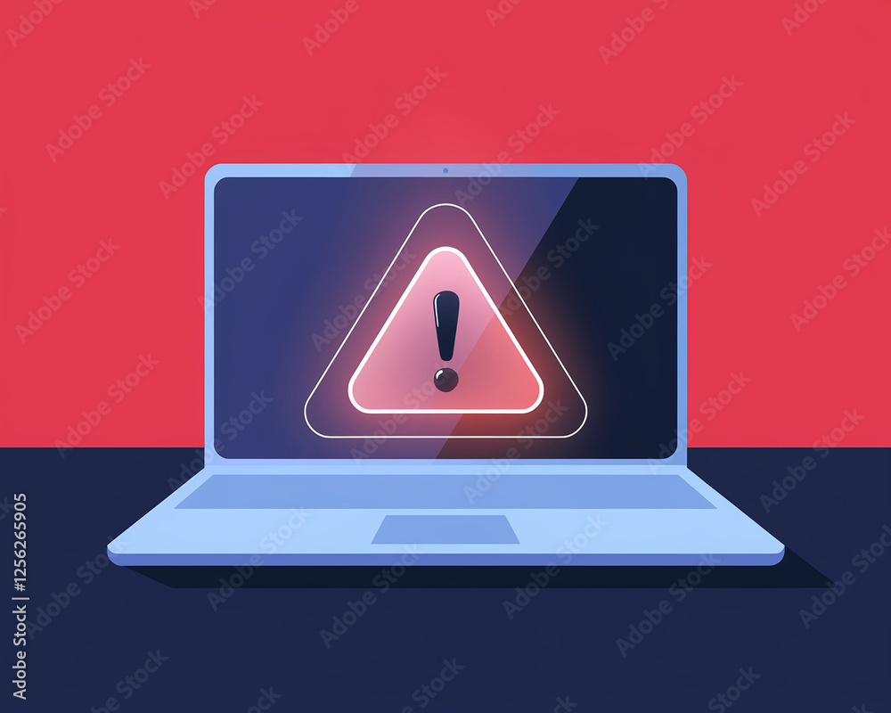 Poster illustration of a laptop with a warning triangle symbol on the screen, indicating an online security