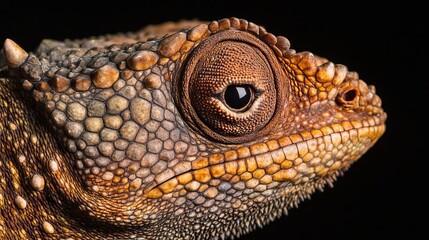 Fototapeta premium A close-up picture of a chameleon's head shows its scaly skin and keen eye. The picture is dark in the background, which makes the chameleon's features stand out.