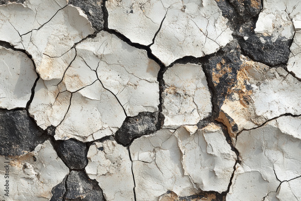 Poster Close-up image of cracked paint on surface, showcasing the texture and colors of deteriorating walls, ideal for illustrating neglect or age.
