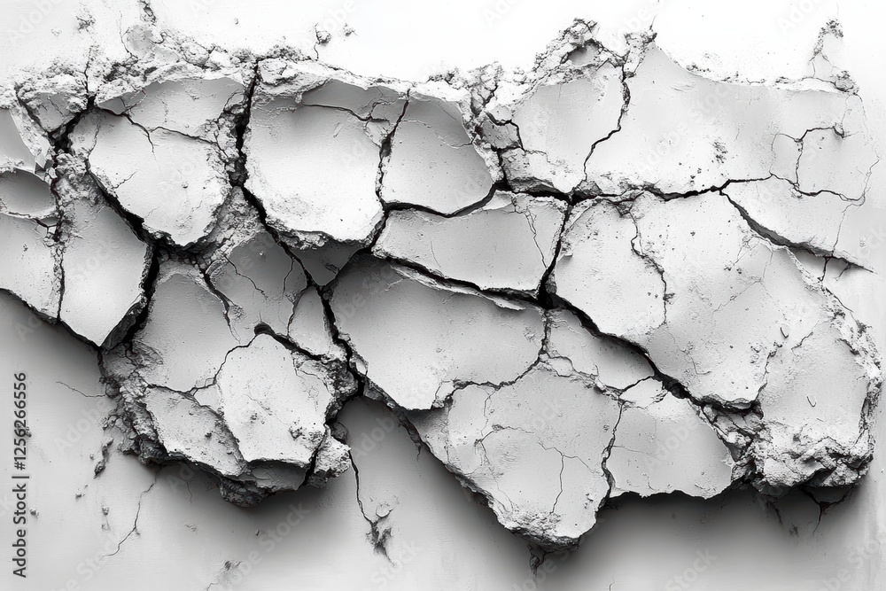 Poster Close-up of an aged cracked wall, showcasing the texture and patterns of deteriorating plaster in a monochrome setting, perfect for art and design.