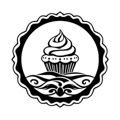 [Black and white vector graphic of a cupcake, in a circular frame, with an ornamental design below the cupcake]