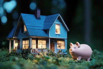 A piggy bank stands beside a charming model house, symbolizing financial savings and dreams of homeownership, illuminated softly at dusk