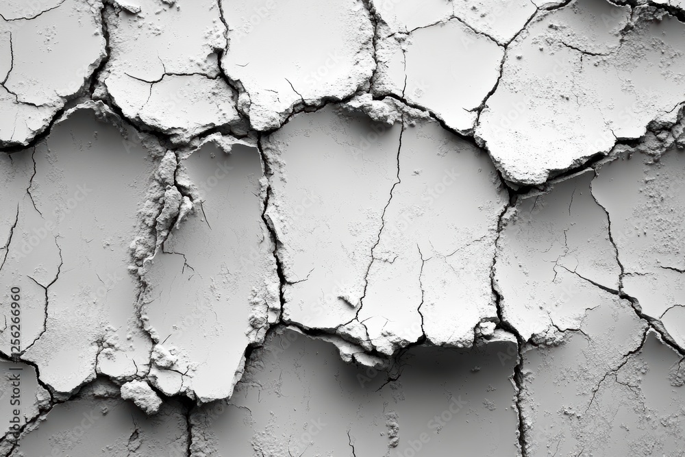Poster Close-up view of cracked white paint on a wall, showcasing intricate patterns and textures that highlight the effects of aging and wear over time.