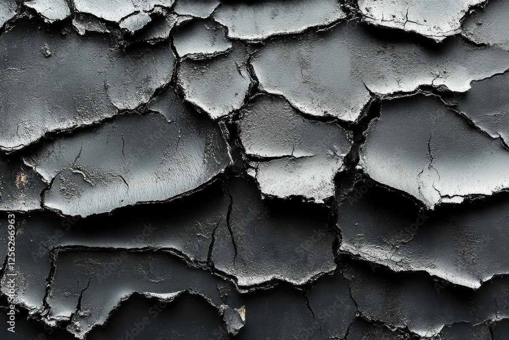Poster close-up view of cracked and peeling black paint on a surface, showcasing textures and patterns. ide