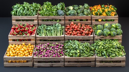 Fresh produce market display, colorful vegetables in wooden crates, dark background, ideal for food blogs