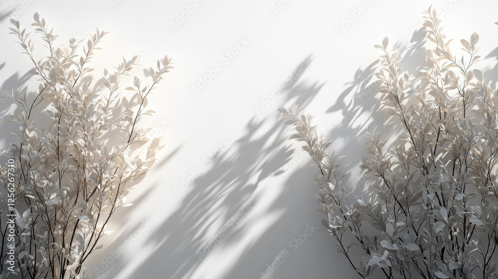 Aufkleber delicate white branches cast soft shadows against a light wall, creating a serene and calming atmosp