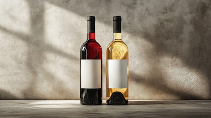 Two wine bottles, one red and one white, are elegantly arranged on a neutral background, highlighting their shapes and colors