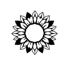 Stylized floral illustration of a sunflower, featuring grayscale petals and a central white circle on a white background.