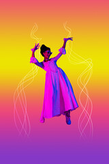 Vertical sketch 3d artwork collage poster of happy duchess girl dance club occasion neon party celebration masquerade event