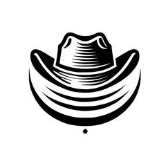 Black and white minimalist illustration of a cowboy hat centered on a bright white background.