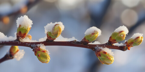 Snow-Covered Branch with New Buds
