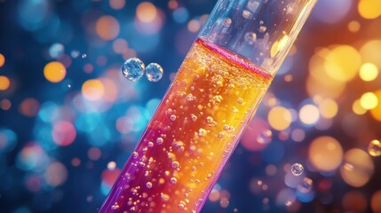 A test tube filled with vibrant, bubbling chemicals stands out with colorful backgrounds, showcasing a fascinating chemical reaction