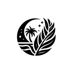 Serene night scene illustration featuring a palm tree and moon and leaf.