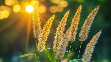 Wild grass glimmers in the setting sun within a tranquil forest landscape