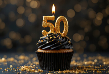 Cup cake negro y dorado con una vela número 50, coronado con copos de oro comestibles y un lujoso fondo para una celebración de cumpleaños histórica
