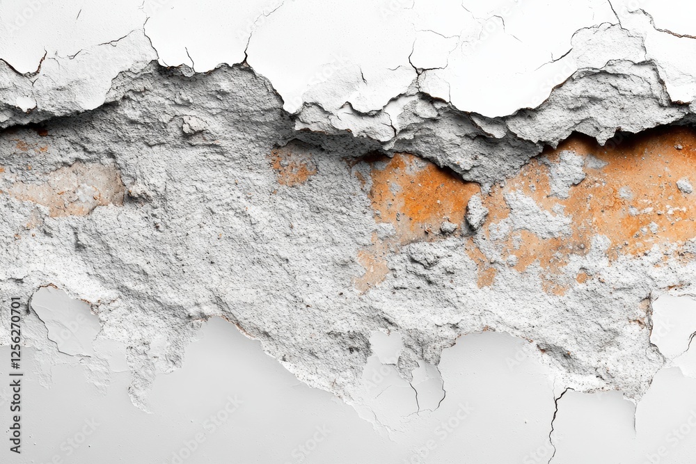 Poster This image showcases a textured wall with peeling paint and exposed materials, highlighting the intricate details of wear and age in building structures.