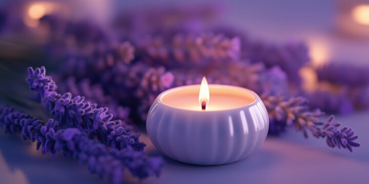 White ceramic aroma lamp with lit candle surrounded by lavender flowers creates calming atmosphere
