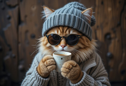 Un gato de aspecto atractivo con un gorro de punto, gafas de sol redondas y un su&eacute;ter acogedor, bebiendo una peque&ntilde;a taza de caf&eacute; con un fondo r&uacute;stico
