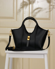 stylish black leather bag of medium size