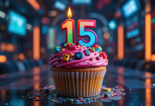 Cup cake dise&ntilde;ado para el cumplea&ntilde;os n&uacute;mero 15 de un jugador, que presenta una vela pixelada con el n&uacute;mero 15, &iacute;conos de juegos y un fondo que se asemeja a un mundo de juegos futurista
