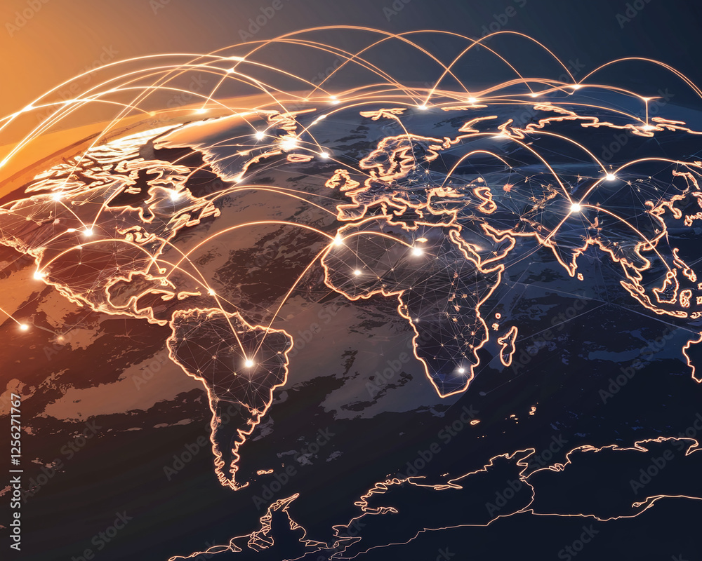 Poster A detailed digital map illustration showing global interconnected networks and data flow across the continents, symbolizing global connectivity and communication.