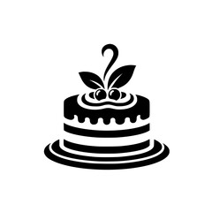 Minimalist Black Cake Icon with Cherries, Leaves, and a Decorative Pattern.