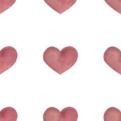 Hand-drawn hearts on texture paper. Coral watercolor. Seamless holiday pattern for your design. Ideal for sofa cushions and other textiles. White background