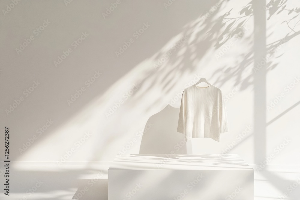 Poster minimalist clothing display showcasing neutral tones in a serene environment with soft shadows. gene