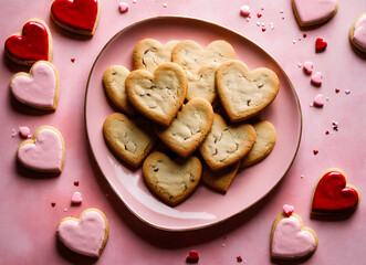Heart-shaped sugar cookies, pink plate, pink background, scattered red and pink hearts, Valentine's Day theme, top-down view, soft lighting, romantic atmosphere, pastel colors, homemade treats