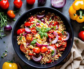 Colorful pasta dish, vibrant vegetables, black skillet, rustic kitchen table, fresh ingredients, overhead view, food photography, bright peppers, juicy tomatoes, purple onions