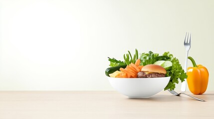 Fresh Cheeseburger Bowl with Colorful Veggies - Healthy eating concept. Burger patty in a bowl with fresh vegetables. Balanced meal, diet food, vibrant colors. Summer salad, nutritious lunch