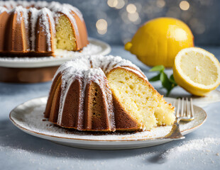 Lemon bundt cake, powdered sugar glaze, sliced cake on plate, whole cake in background, fresh lemons, bokeh lights