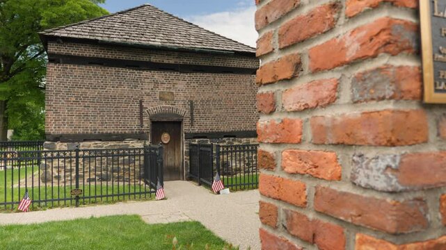 PITTSBURGH - Circa May, 2019 - A dollying establishing shot of the Fort Pitt Block House. The oldest building in Pittsburgh, the Fort Pitt Block House is all that remains of Fort Pitt.  	