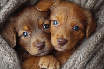 Obraz na płótnie Canvas Two adorable puppies snuggle together in a cozy blanket, showcasing their bright blue eyes and warm fur. A heartwarming scene of companionship and cuteness.
