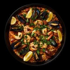 A vibrant seafood paella featuring shrimp, mussels, and lemon wedges, garnished with fresh herbs, served in a traditional round pan.