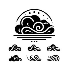 Stylized black and white cloud designs with cloud icons set against a white background.
