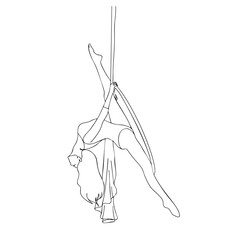 Minimalist vector line art of an aerial silk performer in an elegant upside-down pose. A graceful female figure showcases strength, balance, and flexibility.