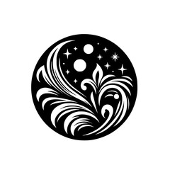 Black circular design with floral flourishes and stars, creating a decorative celestial pattern on white background.