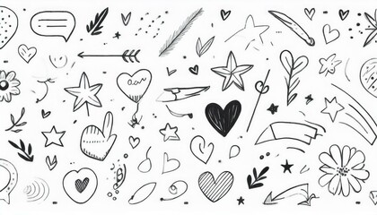 l&iacute;neas de dibujo estrella, flecha, elemento de decoraci&oacute;n del coraz&oacute;n icono conjunto. Dibujo a mano dibujado doodle linda estrella, &eacute;nfasis, elemento de flor. Icono de forma de decoraci&oacute;n
