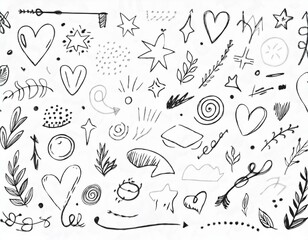 Obraz premium líneas de dibujo estrella, flecha, elemento de decoración del corazón icono conjunto. Dibujo a mano dibujado doodle linda estrella, énfasis, elemento de flor. Icono de forma de decoración