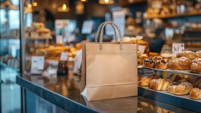 Eco-friendly paper bag on bakery counter with pastries in background, bakery, counter, pastries
